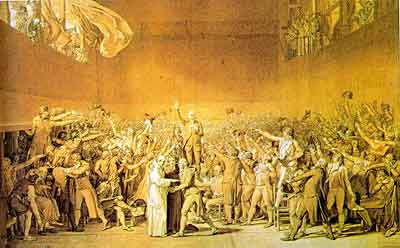 Painting of The Tennis Court Oath, showing a hall filled with people waving their hats and shouting