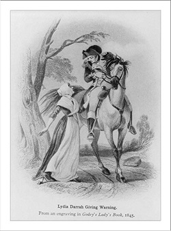 a woman in colonial attire speaking to a soldier on horseback
