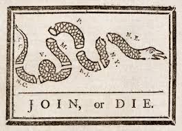 cartoon depicting colonies as pieces of a snake with the caption "Jopin or die" 