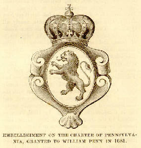 image: lion sigil. Text: 'embellishment of the Charter of Pennsylvania chartered to William Penn' 