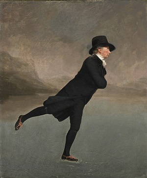 man in top hat skating on frozen river