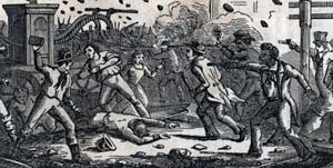 old illustration of fighting between supporters and opponents of slavery