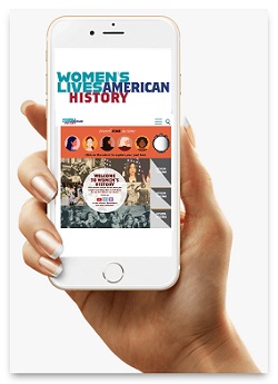 hand holding phone displaying the women's history app 